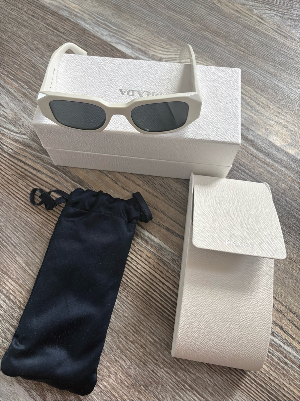 Prada Cream Rectangular Sunglasses with Black Lenses
